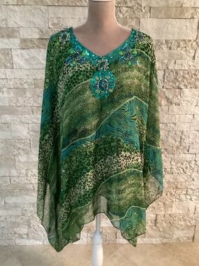 DG2 by Diane Gilman green mixed animal print poncho tunic top